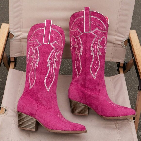 Hot Pink Western Women's Wedge Heel Embroidered Metallic Sequin High Boots - Picture 5 of 6